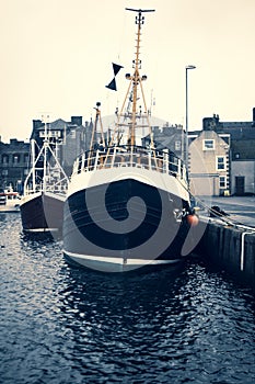 Fishing Boats up in tied up in Fraserburgh Harbour, Aberdeenshire,,Scotland,UK