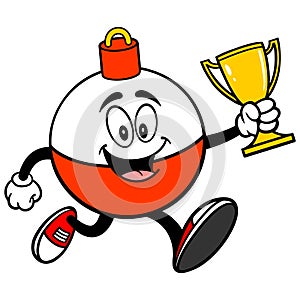 Fishing Bobber Mascot running with a Trophy
