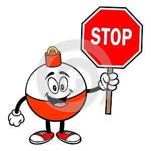 Fishing Bobber Mascot with a Stop Sign