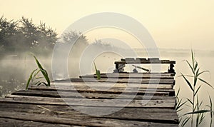 Fishing bridge, morning mist