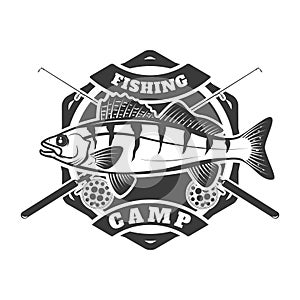 Fishing camp emblem template on white background. Pike perch fi