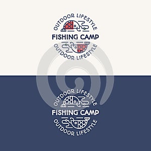 Fishing camp logo set consisting of fish on the hook for explore