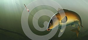 Fishing for carp with a float bait. Carp fish koi realism isolate illustration.