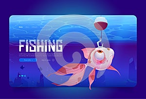 Fishing cartoon landing page, fish looking on hook