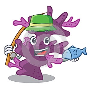 Fishing cartoon purple coral reef under sea