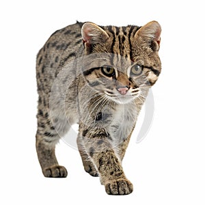 A Fishing Cat walking towards the camera, isolated