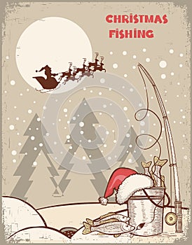 Fishing in Christmas night.Vintage winter image wi