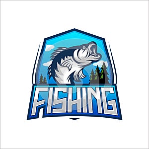 FISHING CLUB ASSOCIATION IN BLUE SHIELD MASCOT LOGO VECTOR ILLUSTRATION