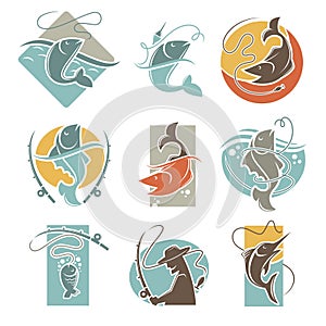 Fishing club or fisherman fish catch vector icons