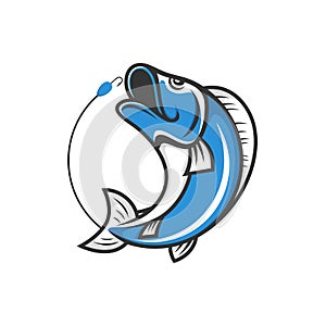 Fishing club logo. Jumping fish with bait and hook.
