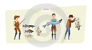 Fishing concept: fishing on fishing rod, demonstration results, storage fish.