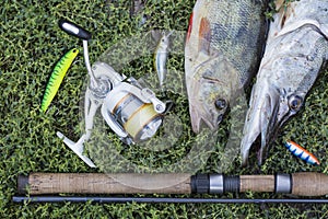 Fishing concept with spinning rod, spool, fish and lures on green grass