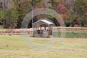 Fishing deck overlooking a pond