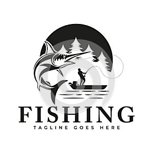Fishing design template illustration Swordfish jumping out of the water, Suitable to use as fishing activity. Sport fishing logo