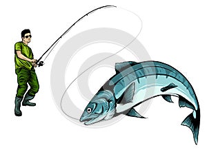 Fishing design for vector. A fisherman catches a boat on a wave.