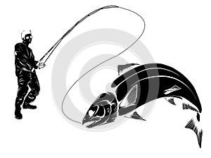 Fishing design for vector. A fisherman catches a boat on a wave.