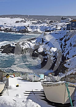 Fishing dories at the harbour in Winter