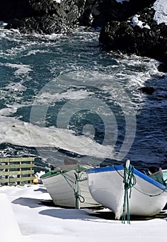 Fishing dories at the harbour in Winter