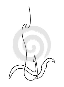 Fishing. Earthworm on a hook. Catch. Continuous line drawing. Vector illustration