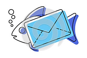Fishing with email. Fishing fraud with mail envelope icon. Phishing hack of account and security password. Scam concept in flat
