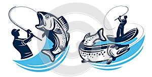 Fishing emblem or badge. Fisherman catches big fish on spinning rod. Angling logo isolated. Vector illustration