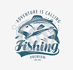 Fishing emblem. Fishery label. Lettering vector illustration