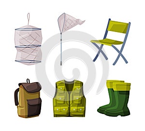 Fishing Equipment and Angling Item with Net and Backpack Vector Set