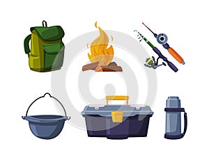 Fishing Equipment and Angling Item with Rod and Backpack Vector Set