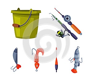 Fishing Equipment and Angling Item with Rod, Bucket and Hook Vector Set