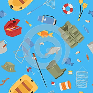 Fishing equipment background with fishing rod, hooks, bait, fish and boat, fisher tools seamless pattern vector cartoon