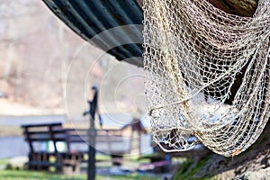 Fishing equipment. Closeup of white fishnet net outdoor