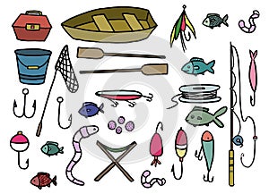 Fishing equipment doodle set illustration.