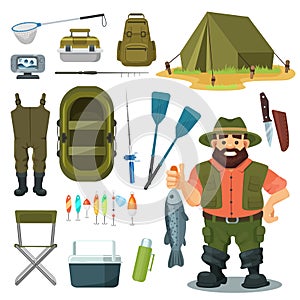 Fishing equipment for fisherman vector illustration set, character with catch fish, outdoor camp gear, camping icons