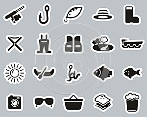 Fishing & Fishing Equipment Icons Black & White Stricker Set Big photo