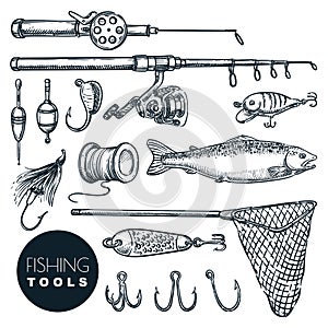 Fishing equipment isolated on white background. Vector hand drawn sketch illustration. Rod, bait, hook, tackle icon set