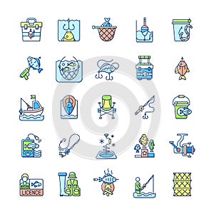 Fishing equipment RGB color icons set