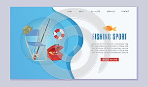 Fishing equipment with fishing rod, hooks, bait, fish and boat, fisher tools web template vector cartoon illustration.