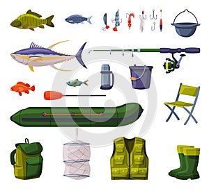 Fishing Equipment Set, Fishing Tools, Apparel, Boat, Accessories Cartoon Vector Illustration