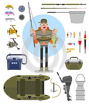 Fishing equipment set flat vector illustration.