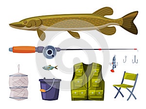Fishing Equipment Set, Pike Fish, Rod, Apparel, Folding Chair, Cylindrical Net, Bucket Cartoon Vector Illustration