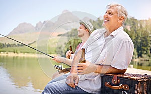 Fishing, father and son with beer to relax in outdoors for holiday with forest or bonding. Parent, man and happy with