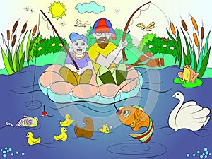 Fishing father and son on the river coloring for children cartoon vector illustration