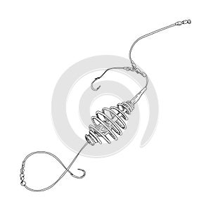 Fishing feeder spring bottom vector illustration. Hook angler tackle. Metal lure feeding. Bait minnow line drawing. Ink