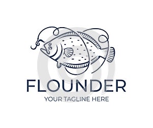 Fishing and fish, flounder grabs bait on hook and line, logo design. Seafood, food, angling on nature, vector design