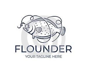 Fishing and fish, flounder grabs bait on hook and line, logo design. Seafood, food, angling on nature, vector design photo