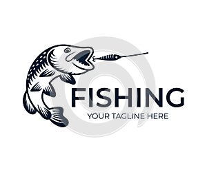 Fishing, fish pike attack wobbler, logo template. Freshwater fish northern pike Esox lucius, pickerel, underwater animal and wil photo