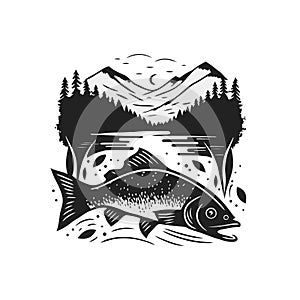 Fishing fish in the water blank and white vintage logo design template