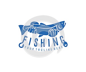 Fishing, fisher or fisherman holding fish, logo design. Fishing tackle, hook and float, vector design