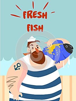 Fishing fisherman with fish in hands vector illustration