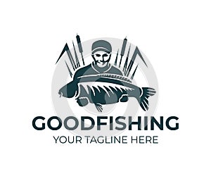 Fishing, fisherman holds carp fish and standing in the reeds, logo design. Fishing sport club and angler, nature, animal and under